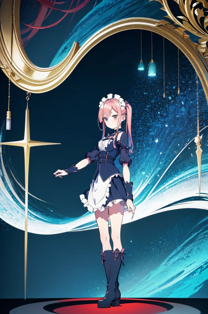 [(cathedral background:1.4)::5],original,(illustration:1.1),(best quality),(masterpiece:1.1),(extremely detailed CG unity 8k wallpaper:1.1), (colorful:0.9),(mid shot:0.95),(full body:1.5),Dynamic angle,(solo:1.2), (girl),((adult)), (detailed beautiful eyes:1.15), (beautiful face:1.15), (glowing red eyes:1.25////),((medium hair)),((split-color hair , red hair , light blue hair)),(high twintails),(chignon),(+perfect hand+:1.21),(Draw an illustration of a gothic girl),(Religious),(slender),(is wearing boots on her feet),((is wearing white maid clothes)),(furious), Lace Off-shoulder lolita fashion,beautiful slender woman,high twintails,full body,mini skirt,((split-color hair , red hair , light blue hair)),((black long boots)),((mini skirt)),((adult)),((dynamic angle)),
