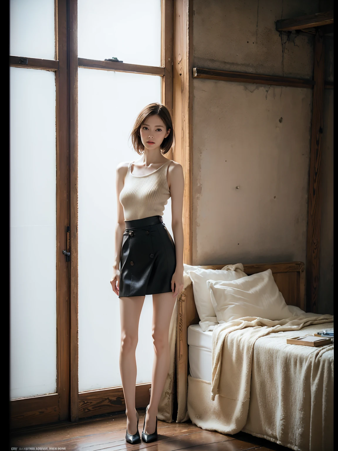 1girl, woman, masterpiece, best quality, highest quality, cinematic lighting, (volumetric lighting), extremely detailed CG unity 8k wallpaper, focused, 8k wallpaper, extremely detailed, ultra realistic, photorealistic, sharp focus, absurdres, (HDR:1.2), (high contrast), photograph, detailed and intricate, instagram, portrait, highly detailed, digital painting, artstation, concept art, smooth, sharp focus, illustration, cinematic lighting, (natural big breast), eyes looking at the viewer, ((medium shoulder)), (skinny legs), (slender body), (((height 163cm))), (HQ skin:1.4, Realistic human body structure), (Full body:1.4), (wearing knit tank top, short skirt), (real skin of thighs)