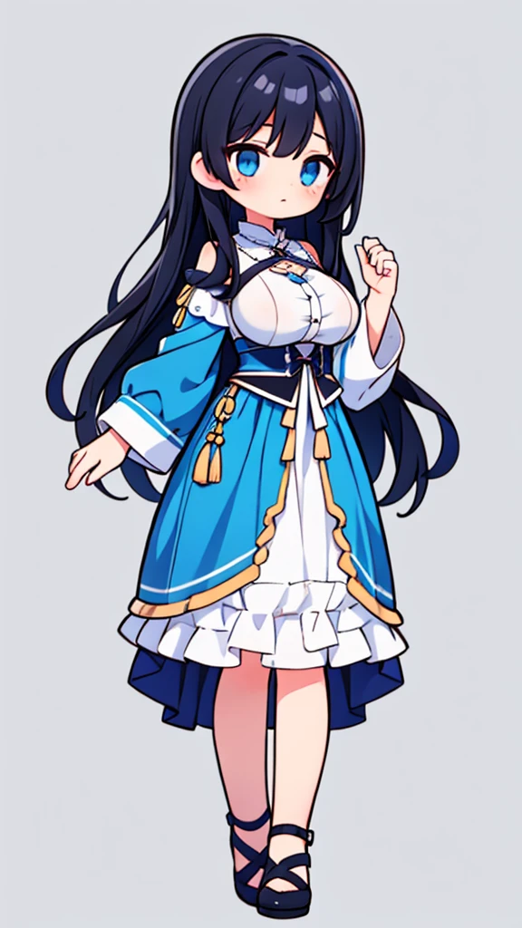 1 girl light blue miaid clothes long straight black hair eyes light blue big breasts,full body,front facing,background simple