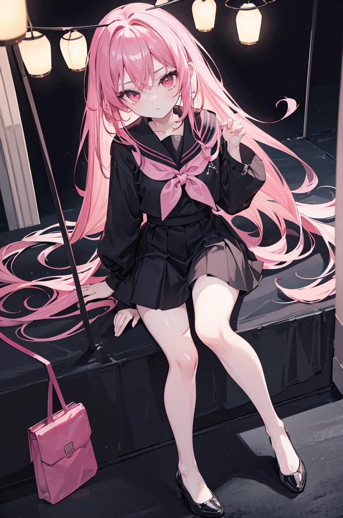 masterpiece, best, dreamy, A beautiful girl, anime style girl, pink eyes, long pink hair, wearing black sailor suit, long sleeves, black skirt, black pantyhose, pink, and black, holding lantern, in the old house, scary, dark, in night, whole body, show the legs and shoes in the picture, fine facial portrayal, portrait of fine clothes, ultra HD, 8K, sight, photo by full body.