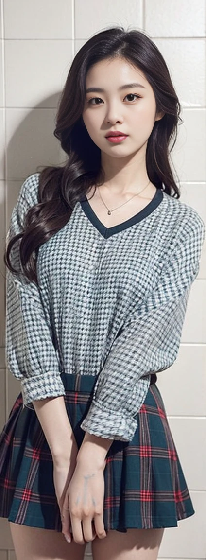 Highest quality, 1 beautiful woman, 28 years old, s, 35mm lens, F/1, Cowboy shot, Specific Background、Tiled background、Perm、sweat plaid shirt、Money