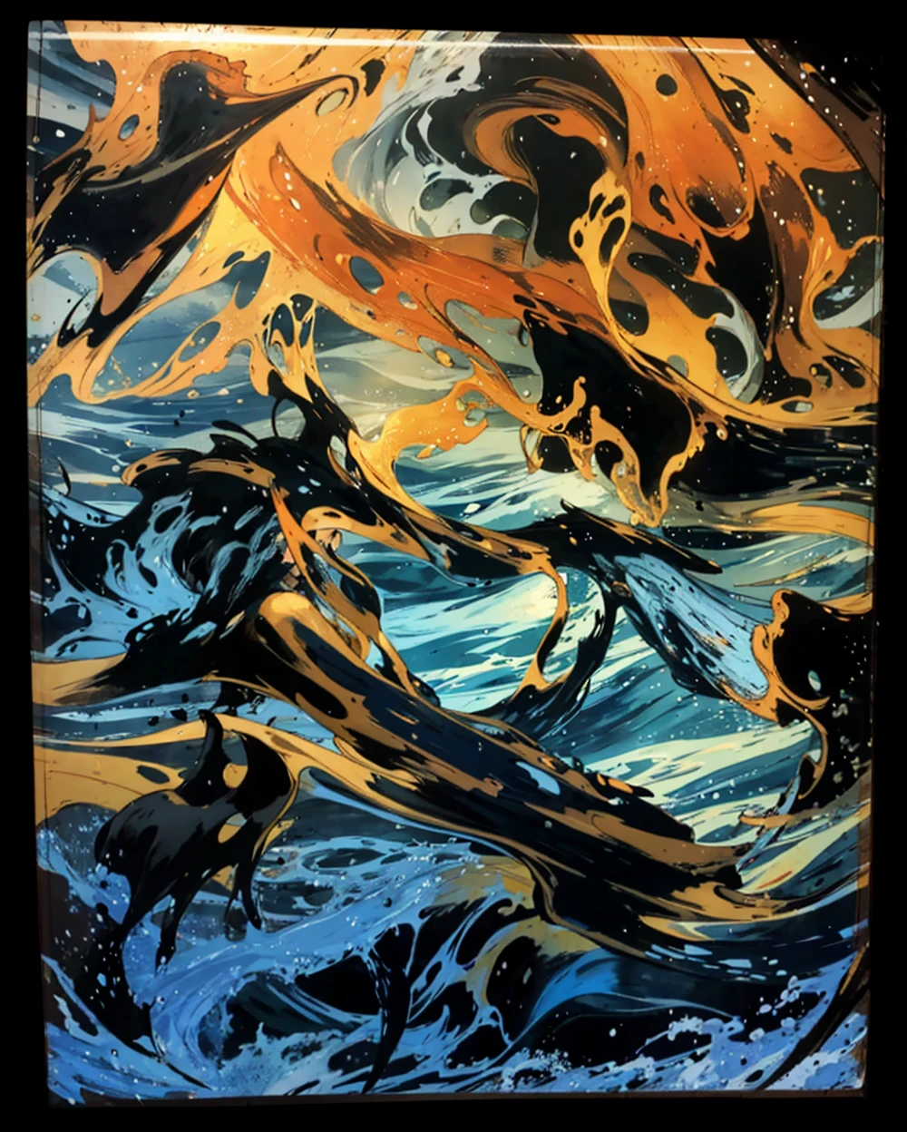 There is a martial arts character in the middle of the picture，Stand in the sea with your left arm broken and practice martial arts facing forward.。On the upper right side of the picture is a beautiful woman’s face floating in the air。The sea is rough，turbulent weather，terrain changes，The colors are distinct and blended，Clear changes in light and shadow，Silky smooth and delicate watercolor painting