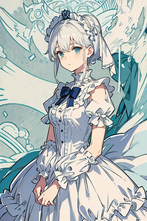(of the highest quality、16k、Masterpiece、ultra high resolution、victorian era、photorealistic:1.2)、A delicate girl with platinum white hair, the girl's eyes are amber, 20 year old woman lying in bed at dusk, surrounded by crystals and a completely black cat with purple eyes. Her platinum hair is messy., framing its androgynous charm. She wears a flowing white dress with blue trim... A subtle smile plays on his lips., Your skin shines with the moon with an ultra-dense texture., and his fingers are full and detailed.