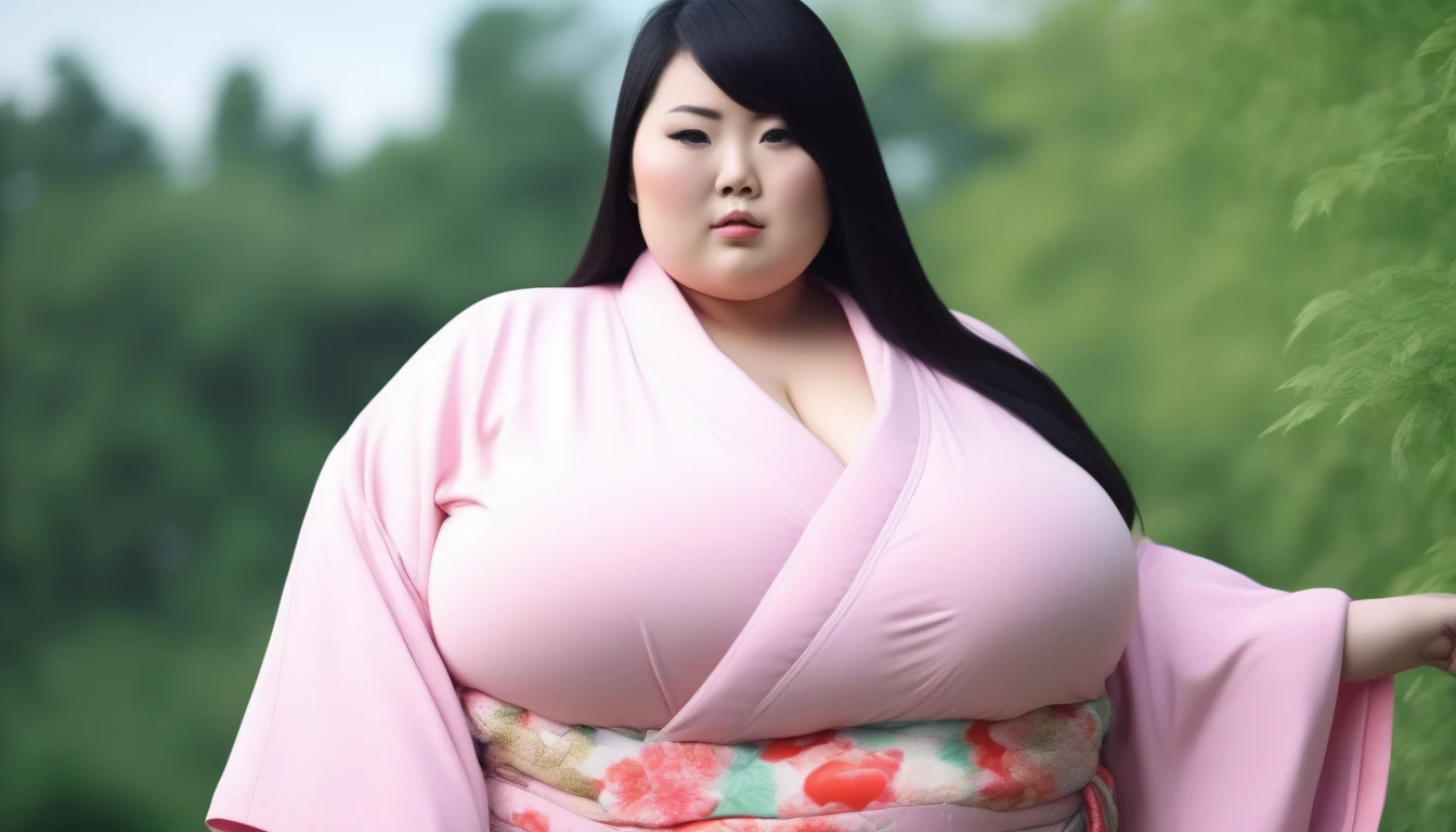 cute black haired asian with extreme huge enormous, bbw, obese, pink kimono. masterpiece 8k, professional photography, complete body to viewer, thunder thighs, fat arms, beautiful view, garden background