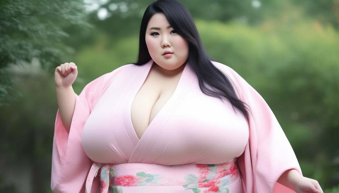 cute black haired asian with extreme huge enormous, , obese, pink kimono. masterpiece 8k, professional photography, complete body to viewer, thunder thighs, fat arms, beautiful view, garden background
