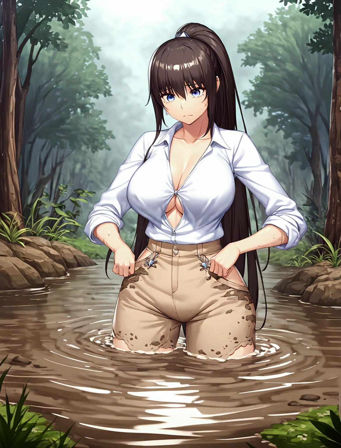 Woman drowning in a swamp,Muddy River, riverbed, cloudy, Uneasy atmosphere,Painful face,Beige shorts,ponytail,