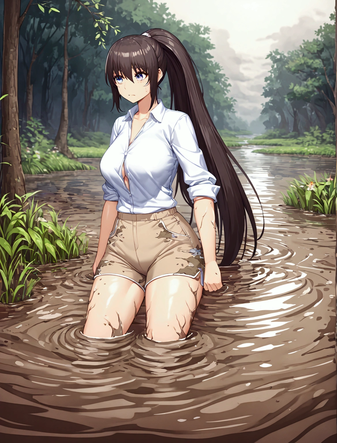 Woman drowning in a swamp,Muddy River, riverbed, cloudy, Uneasy atmosphere,Painful face,Beige shorts,ponytail,