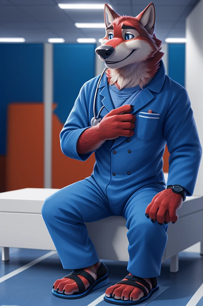 Ivan Fedorovich Wolfbach (Novosibirsk) ,tall handsome, wolf,young, 24 years, brown fur,Kind,(red body:1.3),beautiful blue eyes,Novosibirsk,dressed,medical suit,trousers,sandals, canine, wolf, detailed fur, male, second, paw pads, finger claws,At the viewer, 5 fingers, paws, 5 fingers, smile, wrist watch, т nextel,by xenoforge, (difficult, high detail, digital photography, soft focus, RAW,is sitting кабинете врача окулиста, ,Very close to the camera, variety,Novosibirsk, smile, good mood, positive, Very close to the camera, medical suit, the office distributes a stethoscope, 
Photorealism, realistic, photorealistic, digital style, Subsurface scattering,I&#39;m looking at the viewer,is sitting, office oculist doctor oculist, 
masterpiece, Best quality, ultra realistic, 8 thousand.)