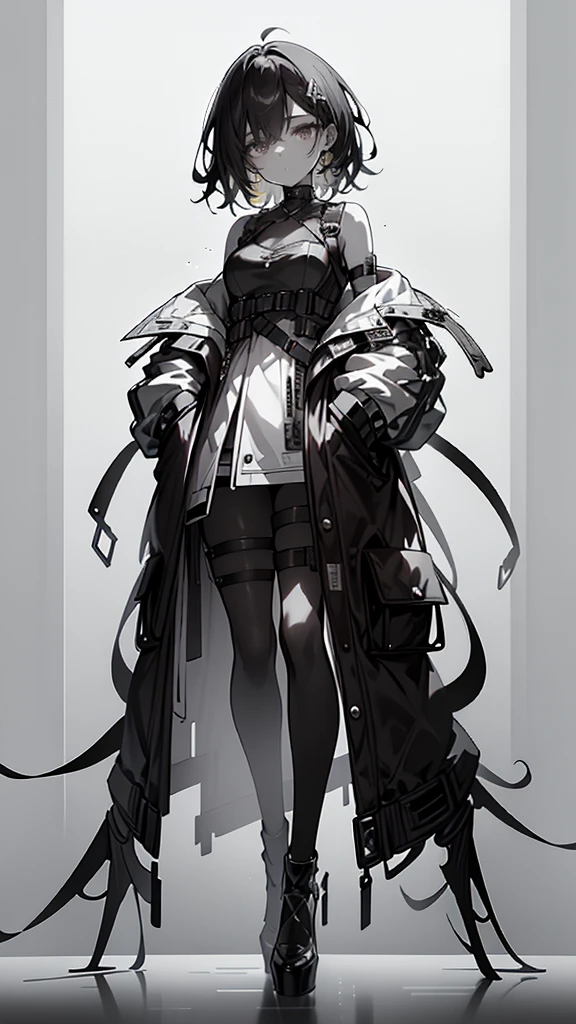 1 girl, short yellow hair, cyberpunk, Alice in Wonderland, black high heels, hand in pocket, best quality, 4k, 8k, highres, masterpiece:1.2, ultra-detailed, realistic, photorealistic, photo-realistic:1.37, HDR, UHD, studio lighting, ultra-fine painting, sharp focus, physically-based rendering, extreme detail description, professional, vivid colors, bokeh, concept art
