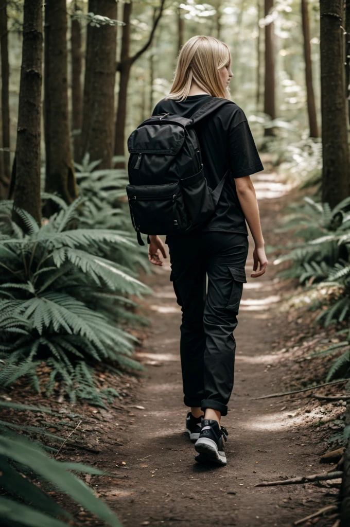 Beautiful blonde girl walking through the forest wearing black cargo pants and a black t-shirt with a black backpack on her back