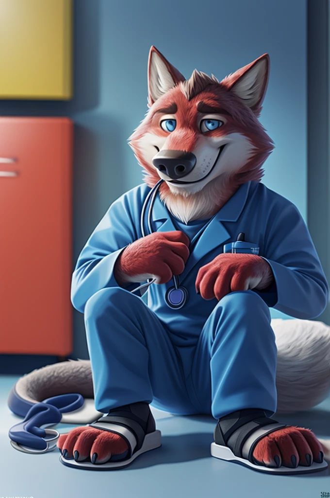 Ivan Fedorovich Wolfbach (Novosibirsk) ,tall handsome, wolf,young, 24 years, brown fur,Kind,(red body:1.3),beautiful blue eyes,Novosibirsk,dressed,medical suit,trousers,sandals, Cardiologist, canine, wolf, detailed fur, male, second, paw pads, finger claws,At the viewer, 5 fingers, paws, 5 fingers, smile, wrist watch, т nextel,by xenoforge, (difficult, high detail, digital photography, soft focus, RAW,is sitting кабинете врача окулиста, ,Very close to the camera, variety,Novosibirsk, smile, good mood, positive, Very close to the camera, medical suit, the office distributes a stethoscope,
Photorealism, realistic, photorealistic, digital style, Subsurface scattering,I'm looking at the viewer,is sitting, office oculist doctor oculist,
masterpiece, Best quality, ultra realistic, 8 thousand.)