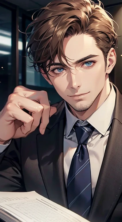 (best quality,4k,8k,highres,masterpiece:1.2),ultra-detailed,(realistic,photorealistic,photo-realistic:1.37),1 man,31 years old,mature man,very handsome,without expression,smile,short grey brown hair,blue eyes,penetrating gaze,perfect face without errors,imposing posture,businessman,office background desk mansion,cinematic lighting,hdr image