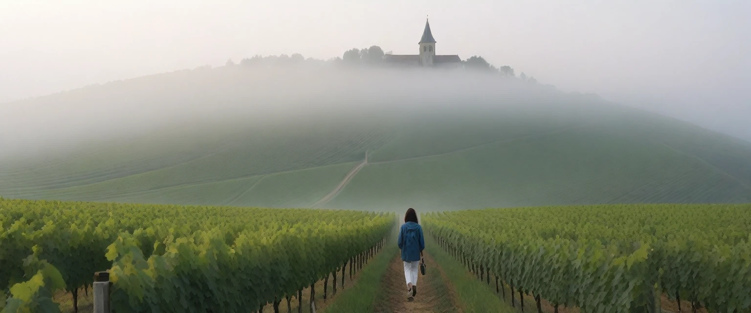 k Best picture quality, Beautiful 36-year-old Korean woman, Chest size 34 inches, Passing through the vineyards in the Swiss countryside, the cathedral is visible through the early morning fog., The back background is realistic and vivid image quality, medium hair, Casual and British - (Short-sleeved windbreaker for summer) ,Perfect and realistic photos, The background is realistic. Full body shot with Canon camera 16-35 wide angle lens, expressionless, Standing on a vineyard hill covered in thick fog, Look at the front camera, Full body photo of someone walking from a distance