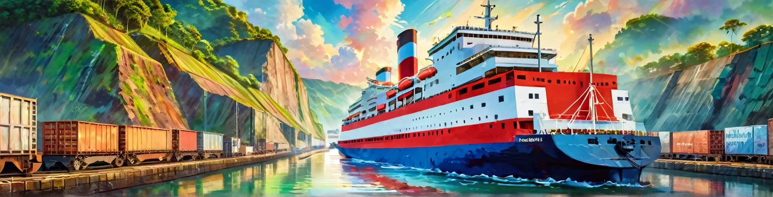 Panama Canal, paint, double exposure, (textura de paint:1.2), (Masterpiece:1.2), Best Quality, (hyperdetailed, more detailed:1.2), high resolution textures, beautiful landscape, Very detailed, very clear, (Panama Canal), vivid colors, HD, multicolor style, barco pasando el Panama Canal