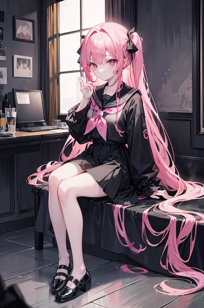 masterpiece, best, dreamy, A beautiful girl, anime style girl, pink eyes, long pink hair, wearing black sailor suit, long sleeves, black skirt, black pantyhose, pink, and black, holding lantern, in the old house, scary, dark, in night, whole body, show the legs and shoes in the picture, fine facial portrayal, portrait of fine clothes, ultra HD, 8K, sight, photo by full body, shoes point to me, sitting gesture, cross-legs