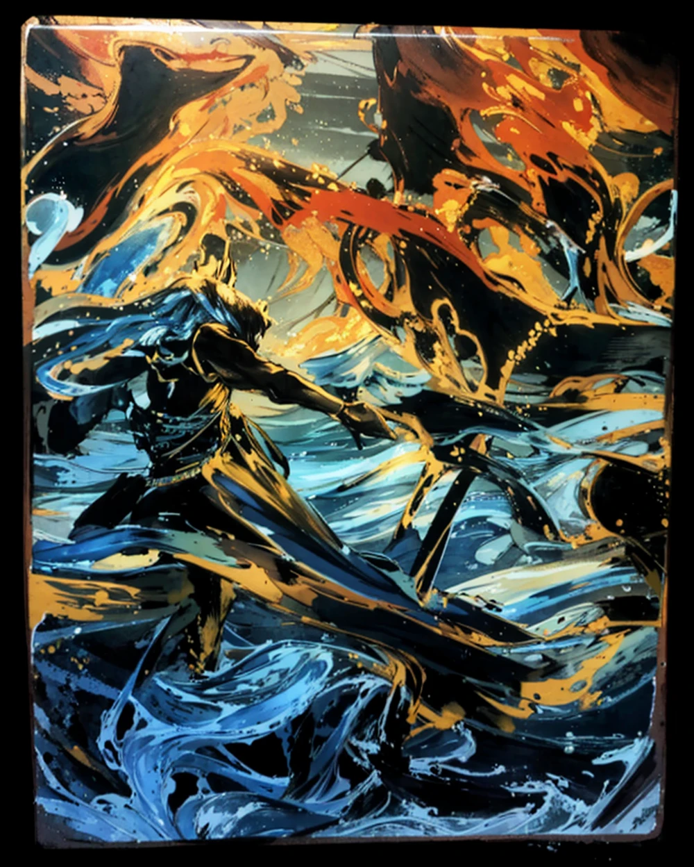 There is a martial arts character in the middle of the picture，Stand in the sea with your left arm broken and practice martial arts facing forward.。On the upper right side of the picture is a beautiful woman’s face floating in the air。The sea is rough，turbulent weather，terrain changes，The colors are distinct and blended，Clear changes in light and shadow，Silky smooth and delicate watercolor painting