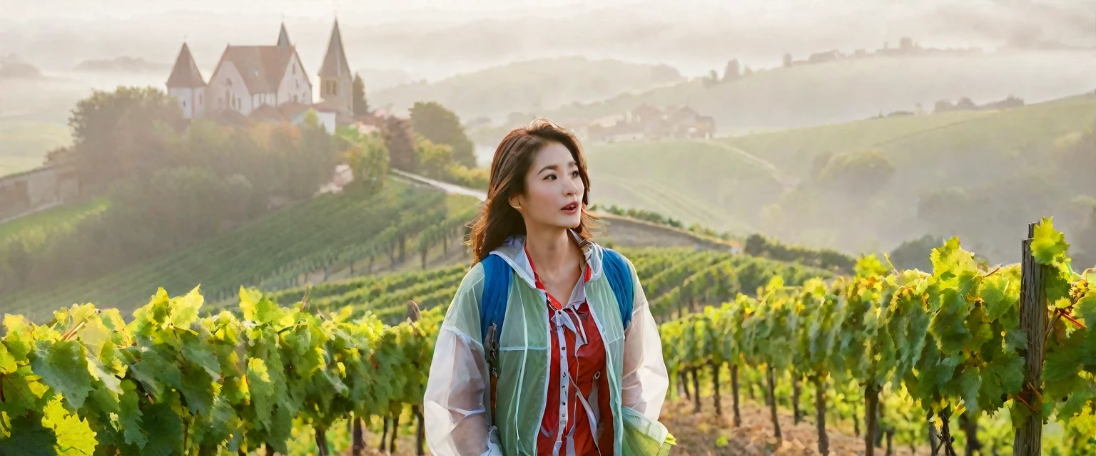 k Best picture quality, Beautiful 36-year-old Korean woman, Chest size 34 inches, Passing through the vineyards in the Swiss countryside, the cathedral is visible through the early morning fog., The back background is realistic and vivid image quality, medium hair, Casual and British - (Short-sleeved windbreaker for summer) ,Perfect and realistic photos, The background is realistic. Full body shot with Canon camera 16-35 wide angle lens, expressionless, Standing on a vineyard hill covered in thick fog, Look at the front camera, Full body photo of someone walking from a distance