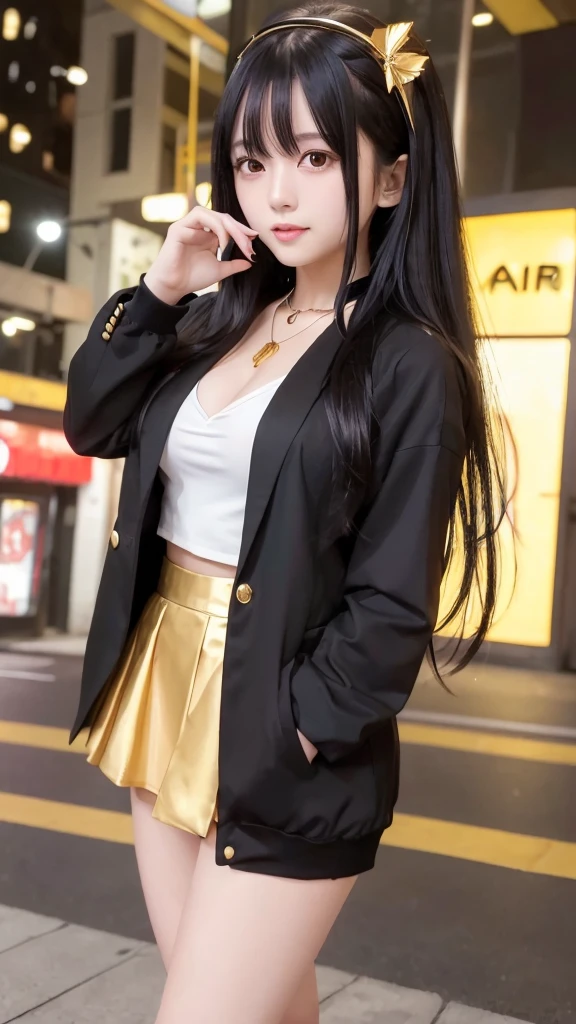 Japanese high school girl smiling young face long black hair straight long black hair gold hairband gold blazer jacket black tank top cleavage necklace gold tight skirt black socks gold high heels standing in front of the entertainment district restaurant nostalgic scenery full moon night starry night
