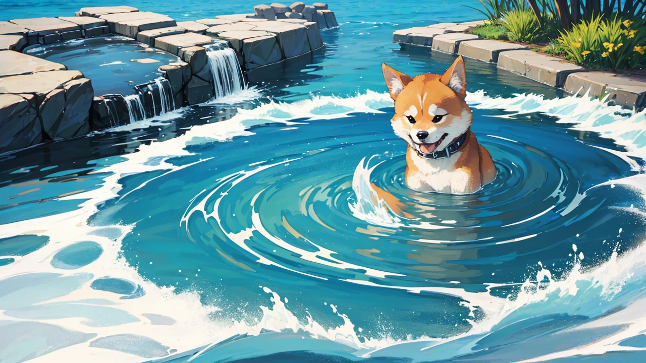 Shiba Inu happily playing with water whirlpool magic