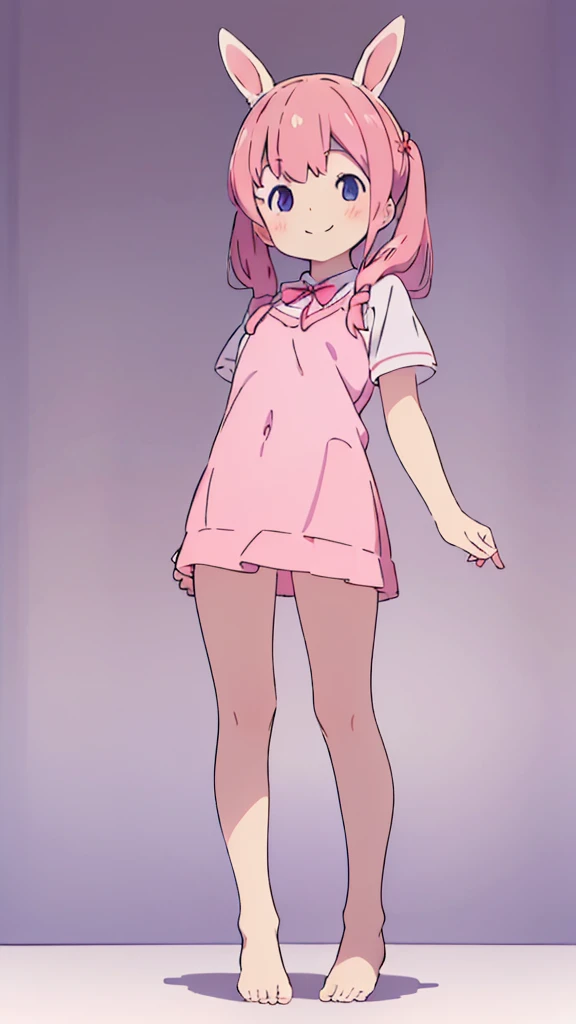 ((masterpiece))((Highest quality))Rabbit Ears、girl、smile、blush、Flat Chest、Are thin、Pink Hair、blush、Are standing、Whole body image、Even your toes are visible、Eye level on face、front、No background、Rabbit Pose、真frontのアングル、Pigtails、uniform