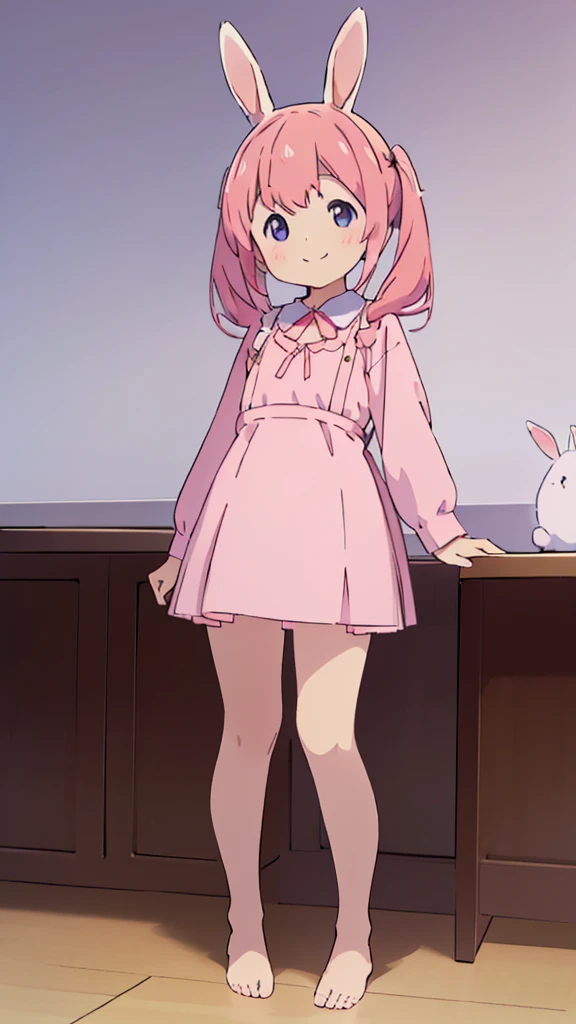 ((masterpiece))((Highest quality))Rabbit Ears、girl、smile、blush、Flat Chest、Are thin、Pink Hair、blush、Are standing、Whole body image、Even your toes are visible、Eye level on face、front、No background、Rabbit Pose、真frontのアングル、Pigtails、uniform