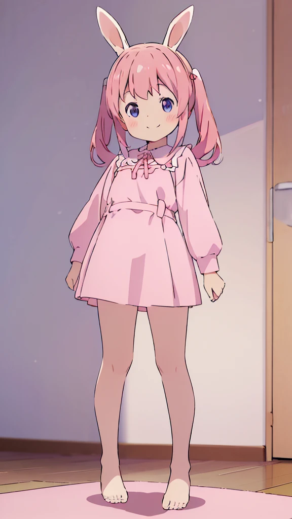 ((masterpiece))((Highest quality))Rabbit Ears、girl、smile、blush、Flat Chest、Are thin、Pink Hair、blush、Are standing、Whole body image、Even your toes are visible、Eye level on face、front、No background、Rabbit Pose、真frontのアングル、Pigtails、uniform