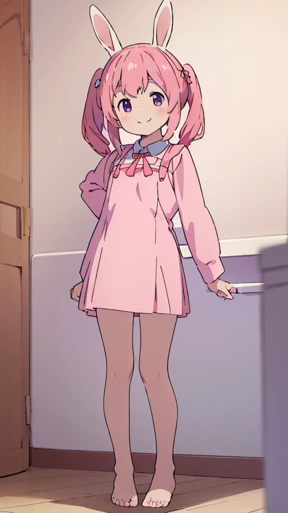 ((masterpiece))((Highest quality))Rabbit Ears、girl、smile、blush、Flat Chest、Are thin、Pink Hair、blush、Are standing、Whole body image、Even your toes are visible、Eye level on face、front、No background、Rabbit Pose、真frontのアングル、Pigtails、uniform
