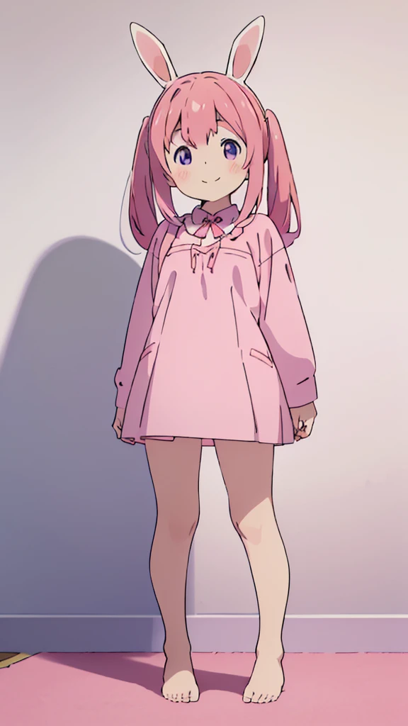 ((masterpiece))((Highest quality))Rabbit Ears、girl、smile、blush、Flat Chest、Are thin、Pink Hair、blush、Are standing、Whole body image、Even your toes are visible、Eye level on face、front、No background、Rabbit Pose、真frontのアングル、Pigtails、uniform
