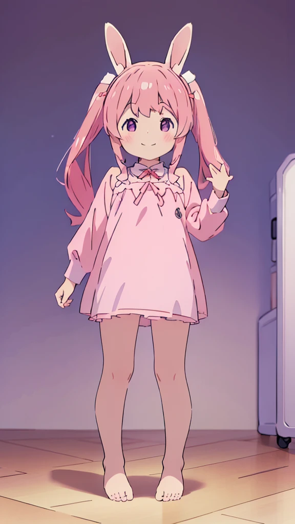 ((masterpiece))((Highest quality))Rabbit Ears、girl、smile、blush、Flat Chest、Are thin、Pink Hair、blush、Are standing、Whole body image、Even your toes are visible、Eye level on face、front、No background、Rabbit Pose、真frontのアングル、Pigtails、uniform
