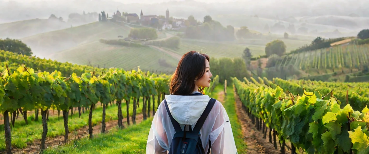 k Best picture quality, Beautiful 36-year-old Korean woman, Chest size 34 inches, Passing through the vineyards in the Swiss countryside, the cathedral is visible through the early morning fog., The back background is realistic and vivid image quality, medium hair, Casual and British - (Short-sleeved windbreaker for summer) ,Perfect and realistic photos, The background is realistic. Full body shot with Canon camera 16-35 wide angle lens, expressionless, Standing on a vineyard hill covered in thick fog, Look at the front camera, walking from afar.