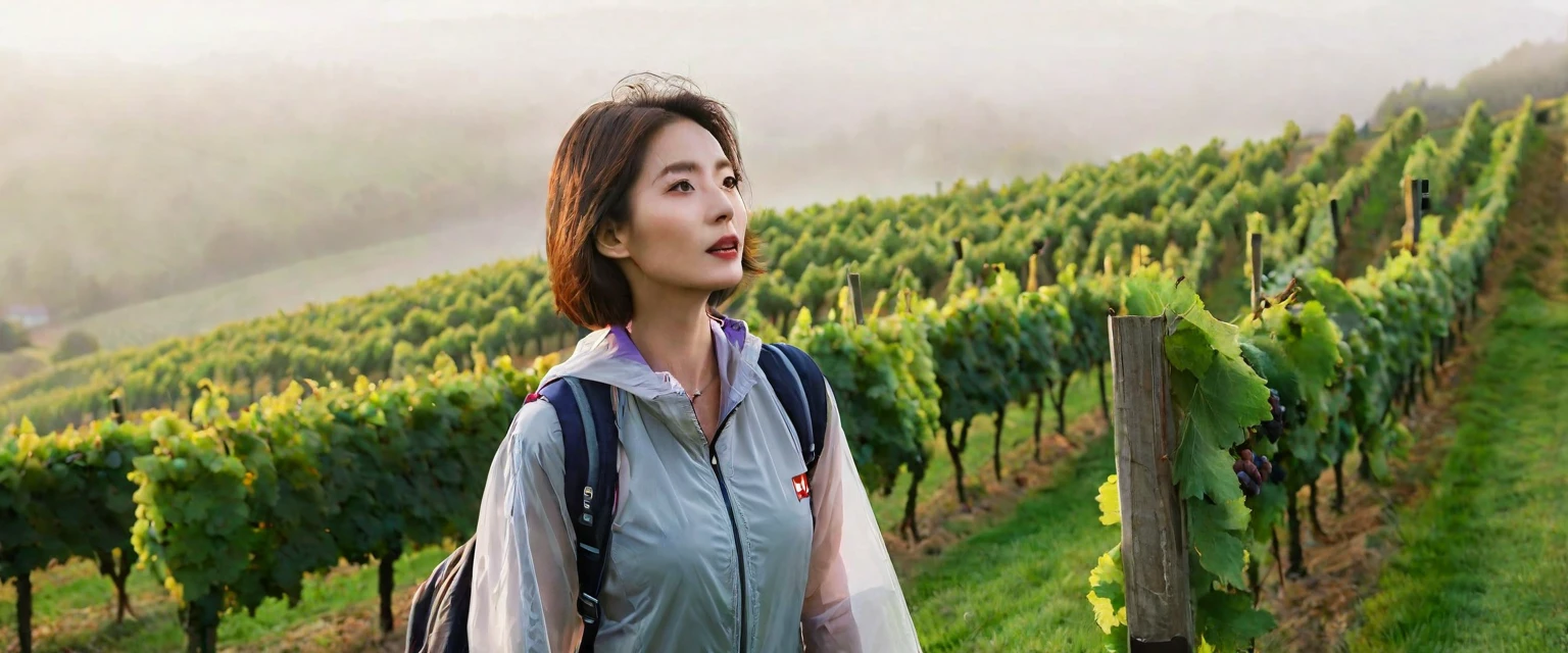 k Best picture quality, Beautiful 36-year-old Korean woman, Chest size 34 inches, Passing through the vineyards in the Swiss countryside, the cathedral is visible through the early morning fog., The back background is realistic and vivid image quality, medium hair, Casual and British - (Short-sleeved windbreaker for summer) ,Perfect and realistic photos, The background is realistic. Full body shot with Canon camera 16-35 wide angle lens, expressionless, Standing on a vineyard hill covered in thick fog, Look at the front camera, walking from afar.