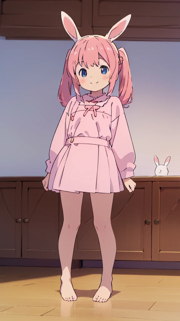 ((masterpiece))((Highest quality))Rabbit Ears、girl、smile、blush、Flat Chest、Are thin、Pink Hair、blush、Are standing、Whole body image、Even your toes are visible、Eye level on face、front、No background、Rabbit Pose、真frontのアングル、Pigtails、uniform