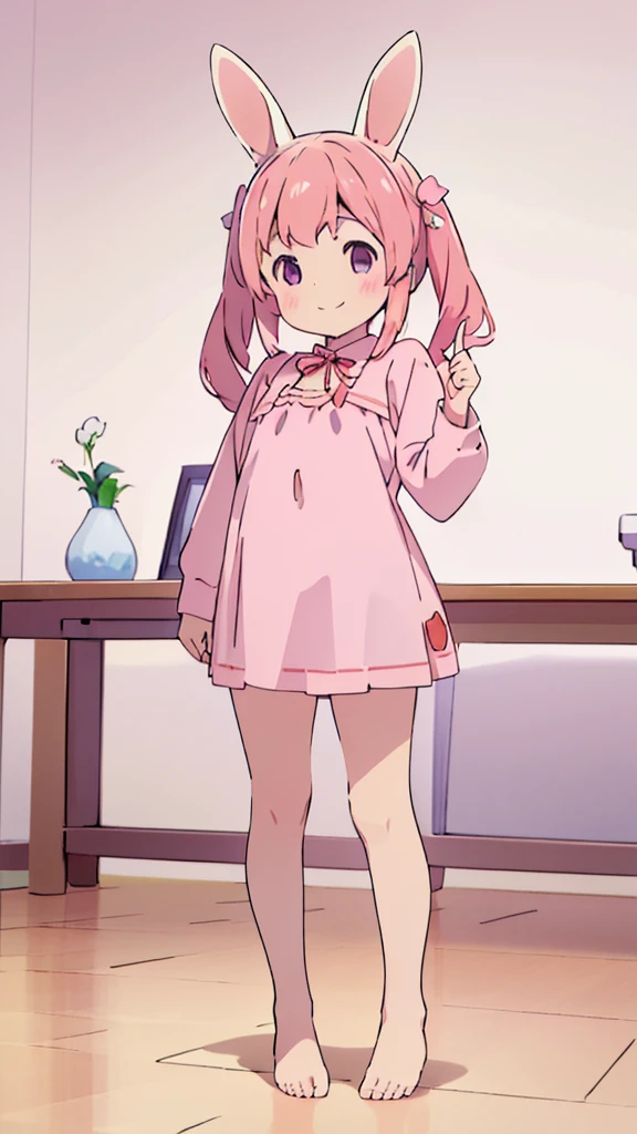 ((masterpiece))((Highest quality))Rabbit Ears、girl、smile、blush、Flat Chest、Are thin、Pink Hair、blush、Are standing、Whole body image、Even your toes are visible、Eye level on face、front、No background、Rabbit Pose、真frontのアングル、Pigtails、uniform