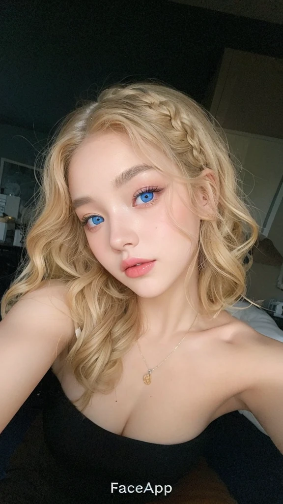 girl with korean face,blonde curly hair with a braid, blue colored eyes, no-makeup, mouth and eyebrows with bright colors, thin eyebrow, top quality picture.