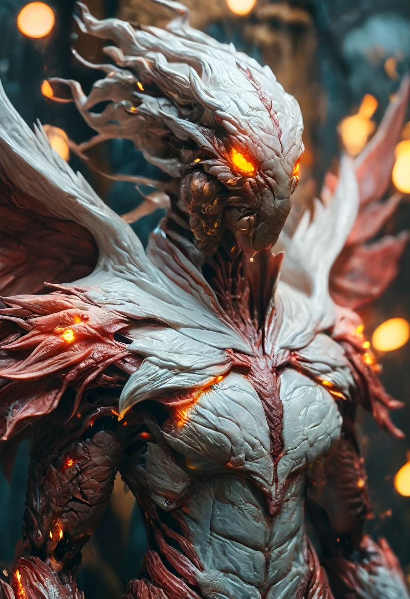 (Highest quality,4K,8K,High resolution,masterpiece:1.2), Very detailed, (Realistic,photoRealistic,photo-Realistic:1.37), white creature, Otherworldly, Lovecraft, Chitinous Skin, Bioluminescence Pattern, Dark Color Palette, Spooky lighting.(Browsing Caution:1.4), white, pink, orange, Very long and sharp red claws, Big Claws, Her body is bioluminescent. Moisturized Skin, (Extremely detailed and intricate skin patterns:1.2), (Translucent chitinous exoskeleton:1.3), (Very small waist:1.4), (Destroyed Anatomy:1.5), violent, erotic,Earth Spirit