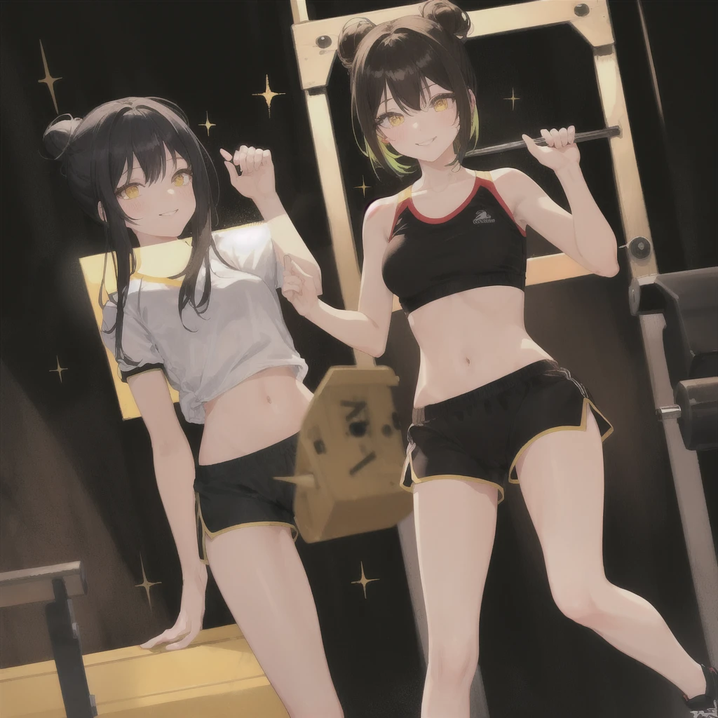 1girl, Black cut hair, yellow eyes, black pijamas, black background, best quality, 12K, cute , slim body, sexy gym outfit, gym top, thight gym shorts, pussy marking shorts, Brown top knot, vibrant colors, soft lighting, delicate features, innocent eyes, playful smile, sparkling atmosphere, whimsical art style.