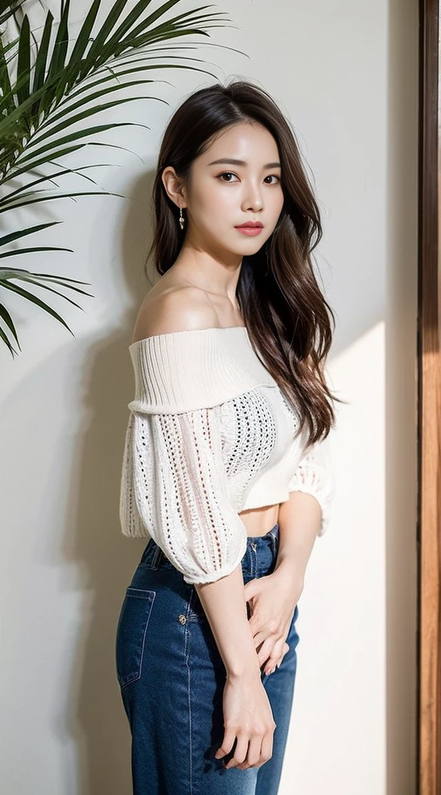 Dark brown hair、Light brown eyes、Japanese actress、 Lady、I am about 40 years old.....、(Intricate details:1.2)、(Which is the top?????:1.4)、 (Ultra-high resolution:1.2)、Ultra-high resolution、(Finely tuned)、(Detailed facial features)、Hmph、8K resolution、D cup size breasts、Long Hair、Bright bathroom with sunlight shining in、Large windows、Extravagant space、relax、、,Full body photo、Head to toe shot、Beautiful feet、red Off-the-shoulder knit、Beautiful feet、A refreshing room filled with sunlight、she, household items, (plant:0.8), Fashion Hub, Attention to detail, Very detailed, Realistic, Hourglass Shaped Body, Obscene pose,、、私 cry a lot、tears、person on the left、White wall、White floor、diagonally from below、please lift your chin、Put your butt against the wall、be half-hearted、Shooting from the side、summer、