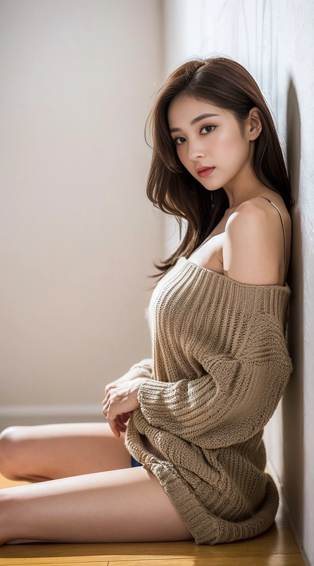 Dark brown hair、Light brown eyes、Japanese actress、 Lady、I am about 40 years old.....、(Intricate details:1.2)、(Which is the top?????:1.4)、 (Ultra-high resolution:1.2)、Ultra-high resolution、(Finely tuned)、(Detailed facial features)、Hmph、8K resolution、D cup size breasts、Long Hair、Bright bathroom with sunlight shining in、Large windows、Extravagant space、relax、、,Full body photo、Head to toe shot、Beautiful feet、red Off-the-shoulder knit、Beautiful feet、A refreshing room filled with sunlight、she, household items, (plant:0.8), Fashion Hub, Attention to detail, Very detailed, Realistic, Hourglass Shaped Body, Obscene pose,、、私 cry a lot、tears、person on the left、White wall、White floor、diagonally from below、please lift your chin、Put your butt against the wall、be half-hearted、Shooting from the side、summer、