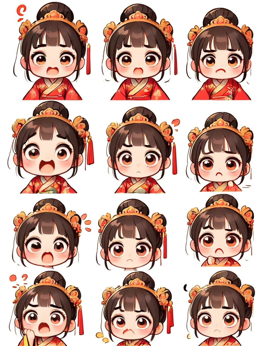 Cute and humorous Q version Chinese girl, big eyes, bust, sticker, 6 different facial expressions, expression board, Various poses and expressions, Anthropomorphic style, Ancient and classic style, Showing a variety of emotions, Cartoon illustration, Vector illustration, (Nine Palace Grid Layout: 1.5), (White background:1.5), Clear outline, Perfect details, Clear boundaries, No crossover