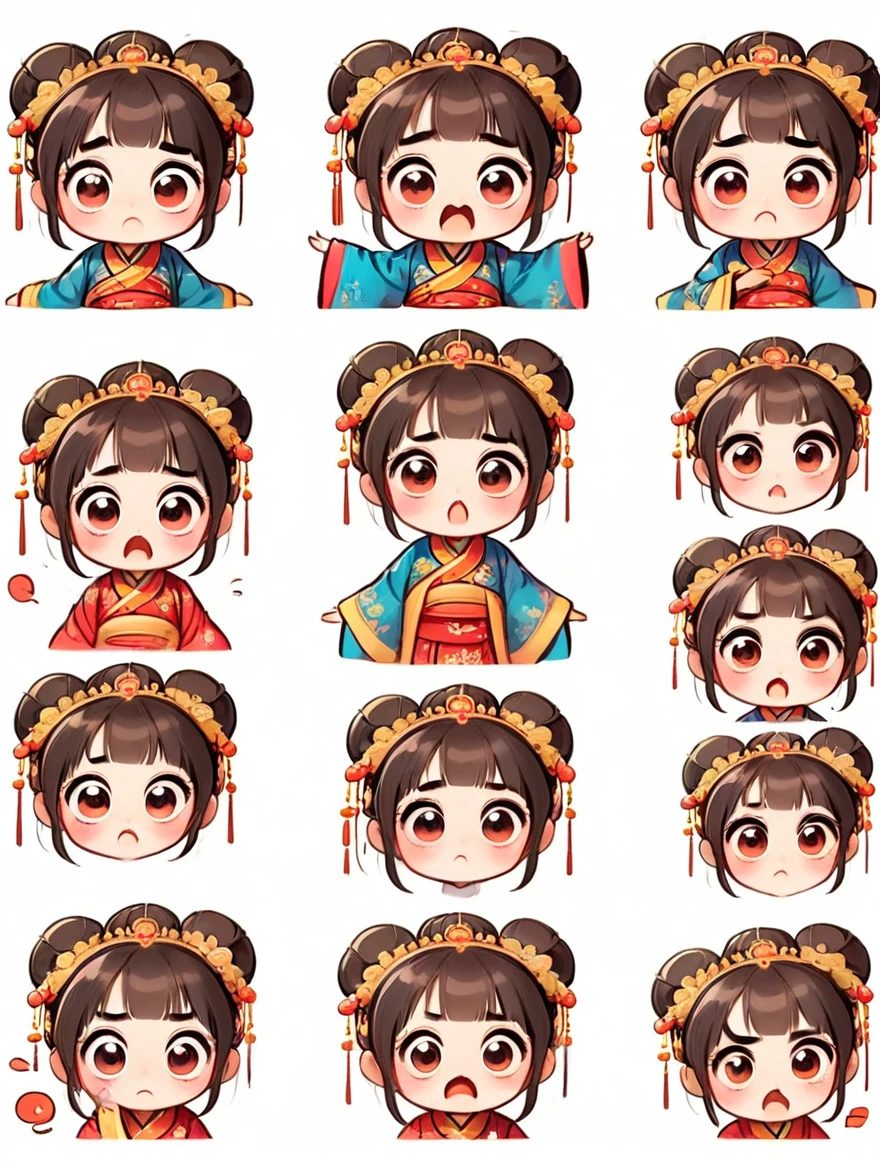 Cute and humorous Q version Chinese girl, big eyes, bust, sticker, 6 different facial expressions, expression board, Various poses and expressions, Anthropomorphic style, Ancient and classic style, Showing a variety of emotions, Cartoon illustration, Vector illustration, (Nine Palace Grid Layout: 1.5), (White background:1.5), Clear outline, Perfect details, Clear boundaries, No crossover