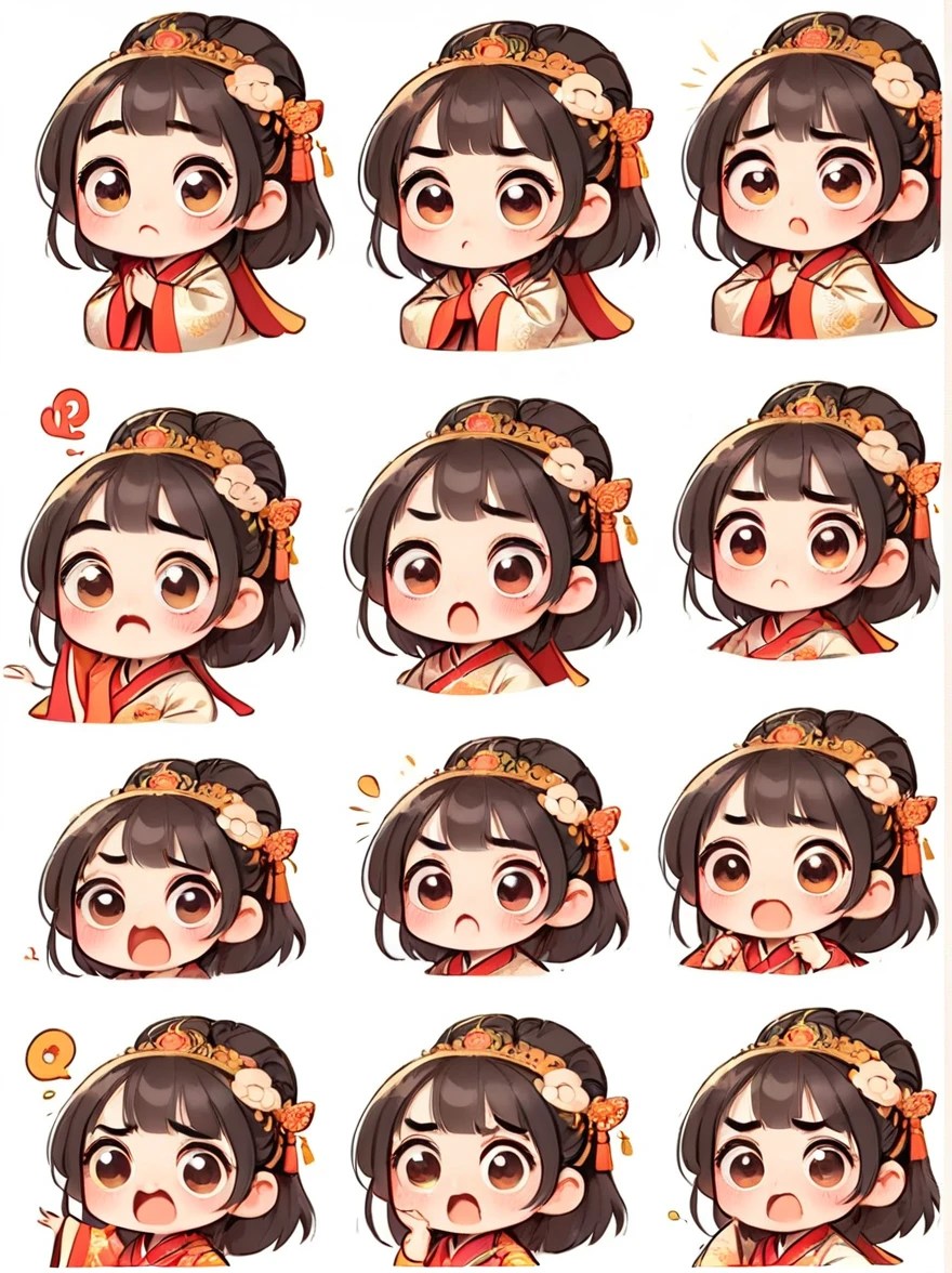 Cute and humorous Q version Chinese girl, big eyes, bust, sticker, 6 different facial expressions, expression board, Various poses and expressions, Anthropomorphic style, Ancient and classic style, Showing a variety of emotions, Cartoon illustration, Vector illustration, (Nine Palace Grid Layout: 1.5), (White background:1.5), Clear outline, Perfect details, Clear boundaries, No crossover