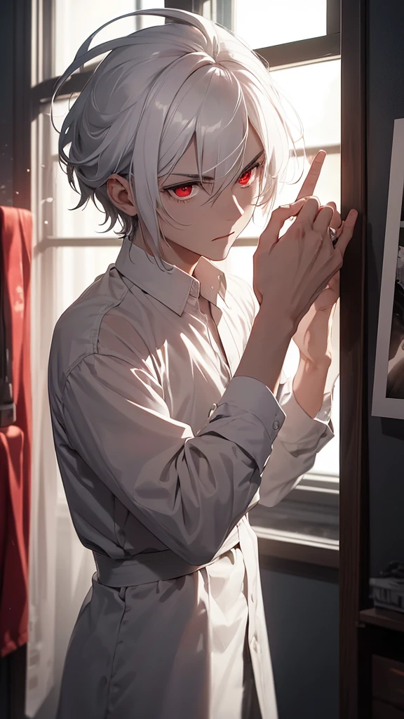A man with pure white hair and red eyes was in a dark, dimly lit room, specifically for printing photos. He was standing in front of a long table covered with photo printing equipment such as photo paper, tray containing chemical liquid, and some clamp clips. The faint red light from the special lamp gave off a mysterious atmosphere in the room.

The man held a piece of photo paper with deft and attentive hands, dip it in water to remove chemical residues. His expression was calm but full of concentration, as if every detail of the picture is something very valuable. His white hair contrasting with the red light made him look like a character from a fantasy story, while his intense red eyes give a dramatic and mysterious impression. Around him, photos of his work hanging on a clothesline, showing his skills in capturing precious moments