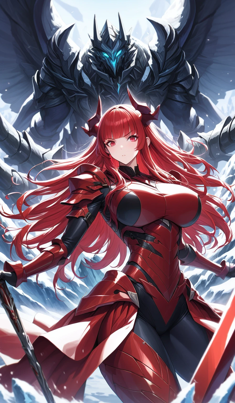 Masterpiece, very detailed, ultra detailed, one, (1 woman), athletic body, six press packages, she is in futuristic red armour with bright black details, with a large and detailed spear, in a stable and fighting position, super mature, tall, milf, mature mother, long hair, straight hair and straight bangs, bright red hair, red demonic horns, beautiful, charming, blood red eyes, elegant, big breasts, serious face, charming, against the background of snow, ice and winter.