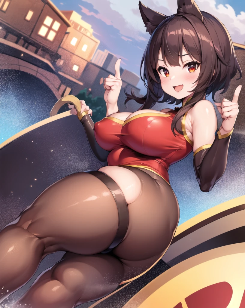 1girl, solo, megumin, short, thumbs up, smile, medieval city, cat ears, masterpiece, best quality, highly detailed, very wide hips, large thighs, very thick round thighs, big butt, huge round breasts, milf, tight clothes, mommy 