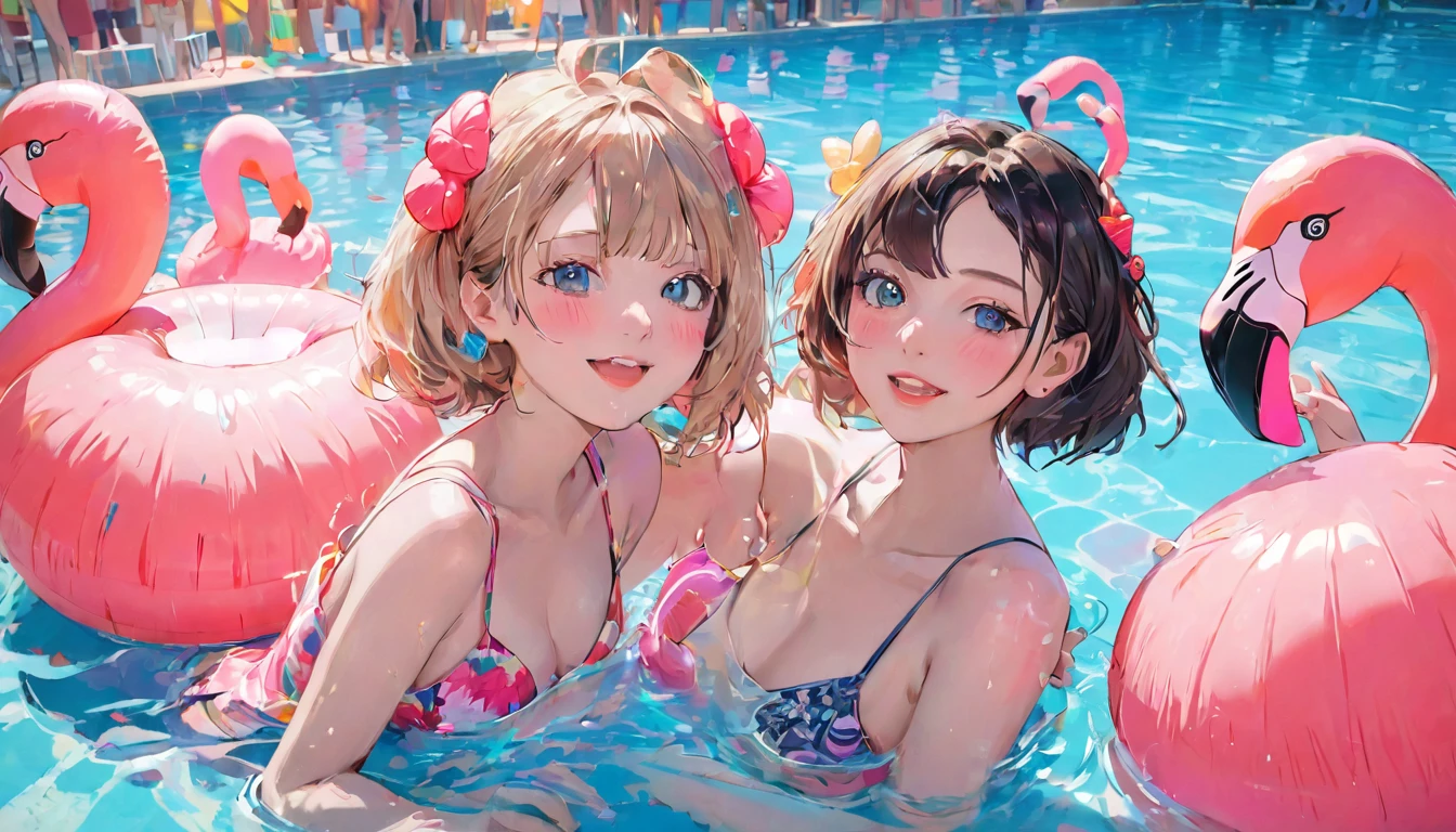 three women in a pool with Inflatable flamingo floats, Pool Party, Ultra-detailed face and eyes、Detailed Eyes、Delicate face、Summer swimming , Inflatable, Carnival floats, summer festival night, festival, 夏のnight, Are you having fun, Having a great time, Warm and fun atmosphere, Have fun, drink, Beach , night, 18-year-old female, music festival, Splash House, cool , Features