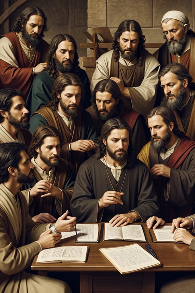 a group of people:Draw a group of people sitting listening to an apostle who is teaching. This represents devotion to the teachings of the apostles.