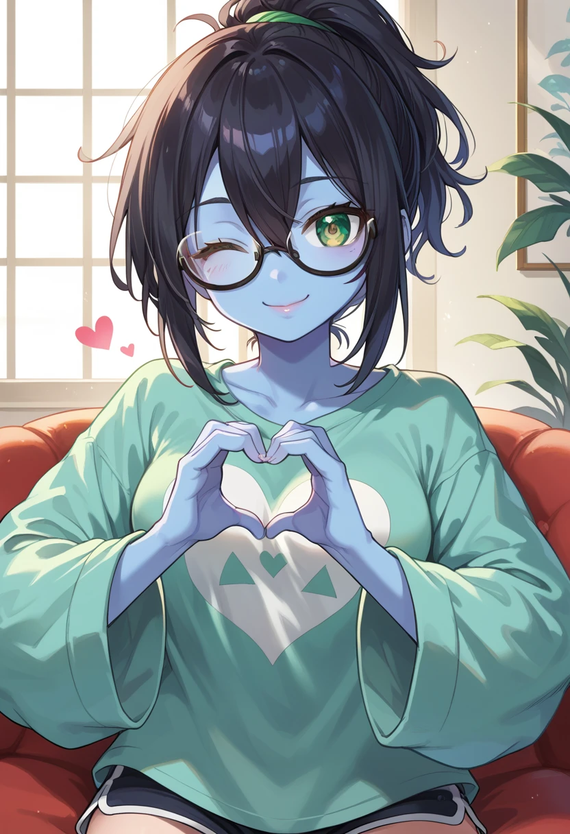 score_9, score_8_up, score_7_up, source_anime, 1girl, cute, solo, lips, blue skin, long black hair, shaggy ponytail hairstyle, medium breasts, hair between eyes, green eyes, symbol-shaped_pupils, tilted glasses, alien, oversized tshirt, oversized sleeves, dolphin shorts, wink, smile, bedroom, close up, heart hands, masterpiece, best quality, perfect anatomy, high detailed eyes, award winning, highly textured skin details, 8k, absurdres, good hands, good feet