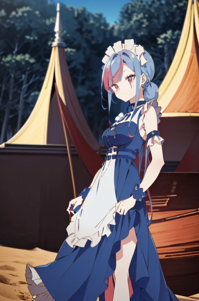((split-color hair,red hair,blue hair)),[(forest background:1.4)::5],original,(illustration:1.1),(best quality),(masterpiece:1.1),(extremely detailed CG unity 8k wallpaper:1.1), (colorful:0.9),(mid shot:0.95),(full body:1.5),Dynamic angle,(solo:1.2), (girl),((adult)), (detailed beautiful eyes:1.15), (beautiful face:1.15), (glowing red eyes:1.25////),((medium hair)),((split-color hair,red hair,blue hair)),(high twintails),(chignon),(+perfect hand+:1.21),(Draw an illustration of a gothic girl),(Religious),(slender),(is wearing boots on her feet),((is wearing white maid clothes)),(furious), Lace Off-shoulder ta fashion,beautiful slender woman,high twintails,((split-color hair,red hair,blue hair)),((split-color hair,red hair,blue hair)),from side,((split-color hair,red hair,blue hair)),((split-color hair,red hair,blue hair)),
