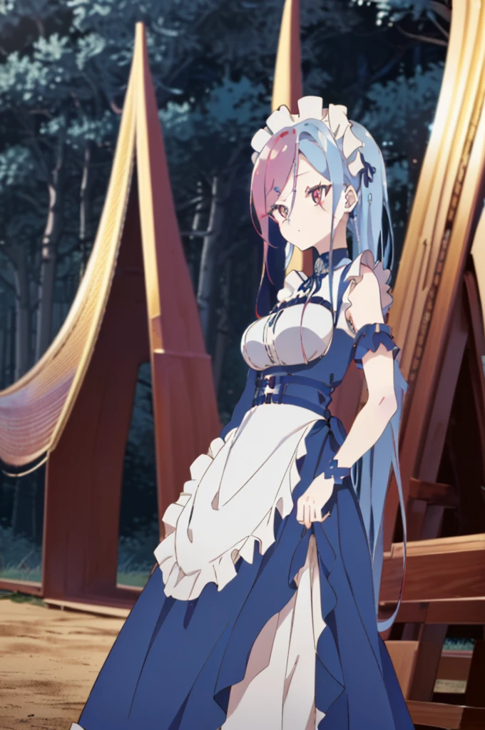 ((split-color hair,red hair,blue hair)),[(forest background:1.4)::5],original,(illustration:1.1),(best quality),(masterpiece:1.1),(extremely detailed CG unity 8k wallpaper:1.1), (colorful:0.9),(mid shot:0.95),(full body:1.5),Dynamic angle,(solo:1.2), (girl),((adult)), (detailed beautiful eyes:1.15), (beautiful face:1.15), (glowing red eyes:1.25////),((medium hair)),((split-color hair,red hair,blue hair)),(high twintails),(chignon),(+perfect hand+:1.21),(Draw an illustration of a gothic girl),(Religious),(slender),(is wearing boots on her feet),((is wearing white maid clothes)),(furious), Lace Off-shoulder lolita fashion,beautiful slender woman,high twintails,((split-color hair,red hair,blue hair)),((split-color hair,red hair,blue hair)),from side,((split-color hair,red hair,blue hair)),((split-color hair,red hair,blue hair)),