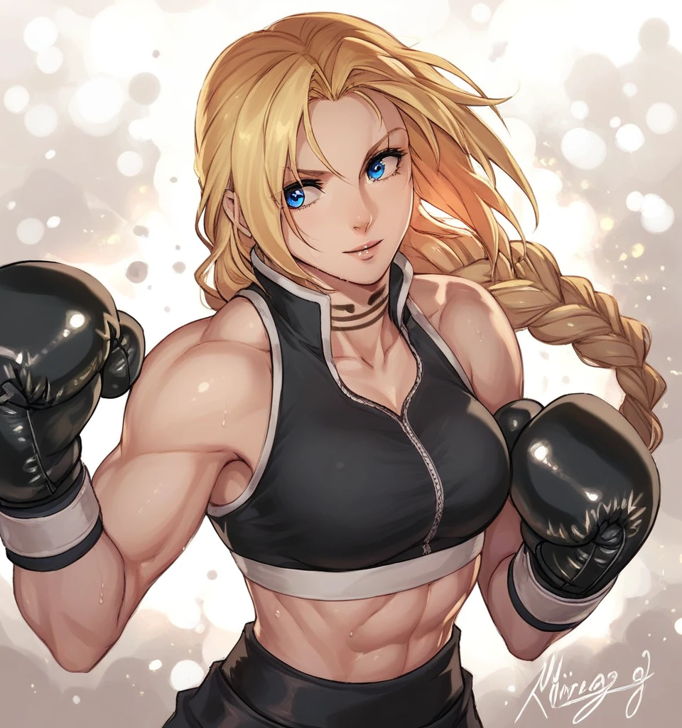 score_9, score_8_up, score_7_up, score_6_up, Detailed Background, BREAK
 koasmirage, 1girl, long hair, sports bra, klausian neck markings, blonde hair, blue eyes, single braid,BREAK
boxing ring, boxing gloves, mma,